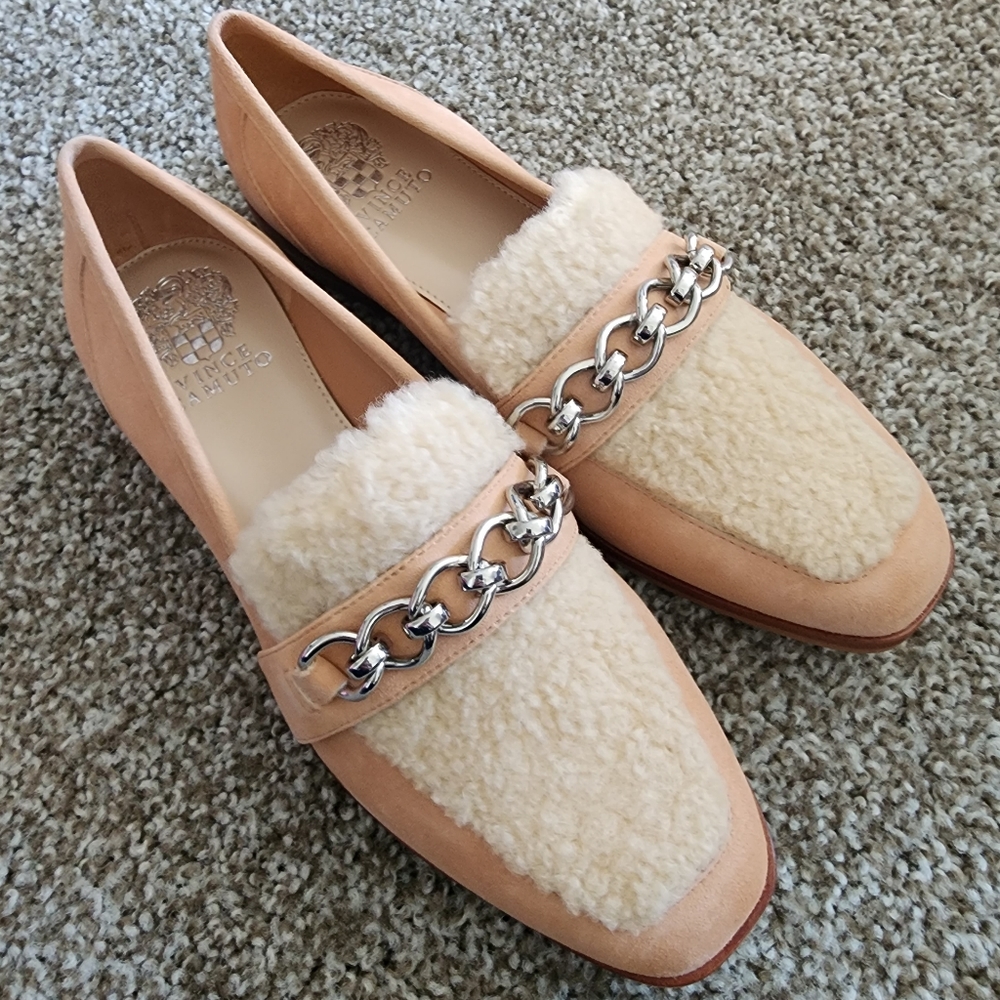 Vince camuto vc breenan skinny latte naturaltrue suede sherling flats women's 8m